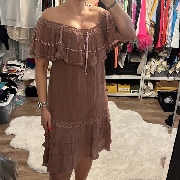 Jen's Pirate Booty x Free People Boho Mauve Off-Shoulder Ruffle Dress - Picture 12 of 15
